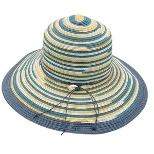 Gold Coast Sunwear Sun Hat Womens O/S Striped Blue Tan White Wide Brim Floppy